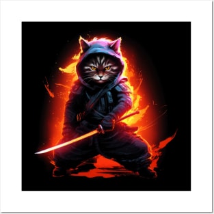 Cat Ninja: Neon Fire Bushido Pose - Feline Fury in Red, Orange & Yellow Posters and Art